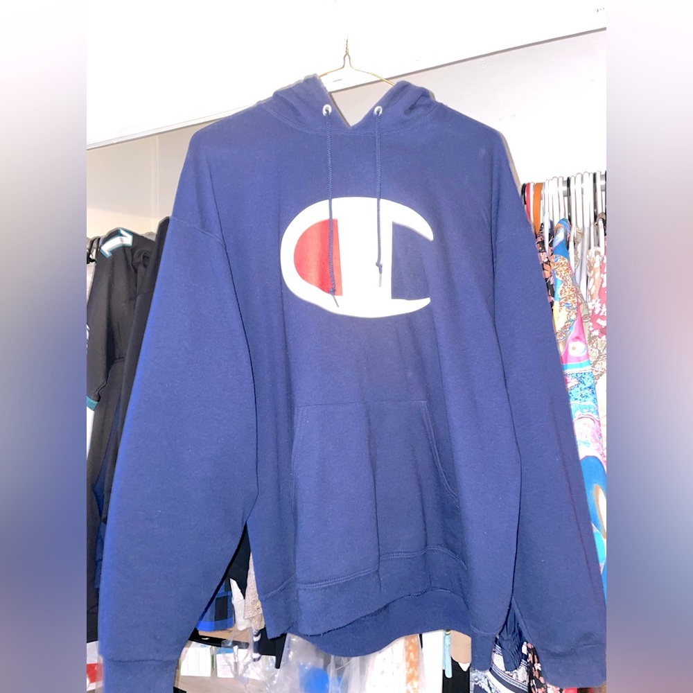 Navy blue Champion hoodie.